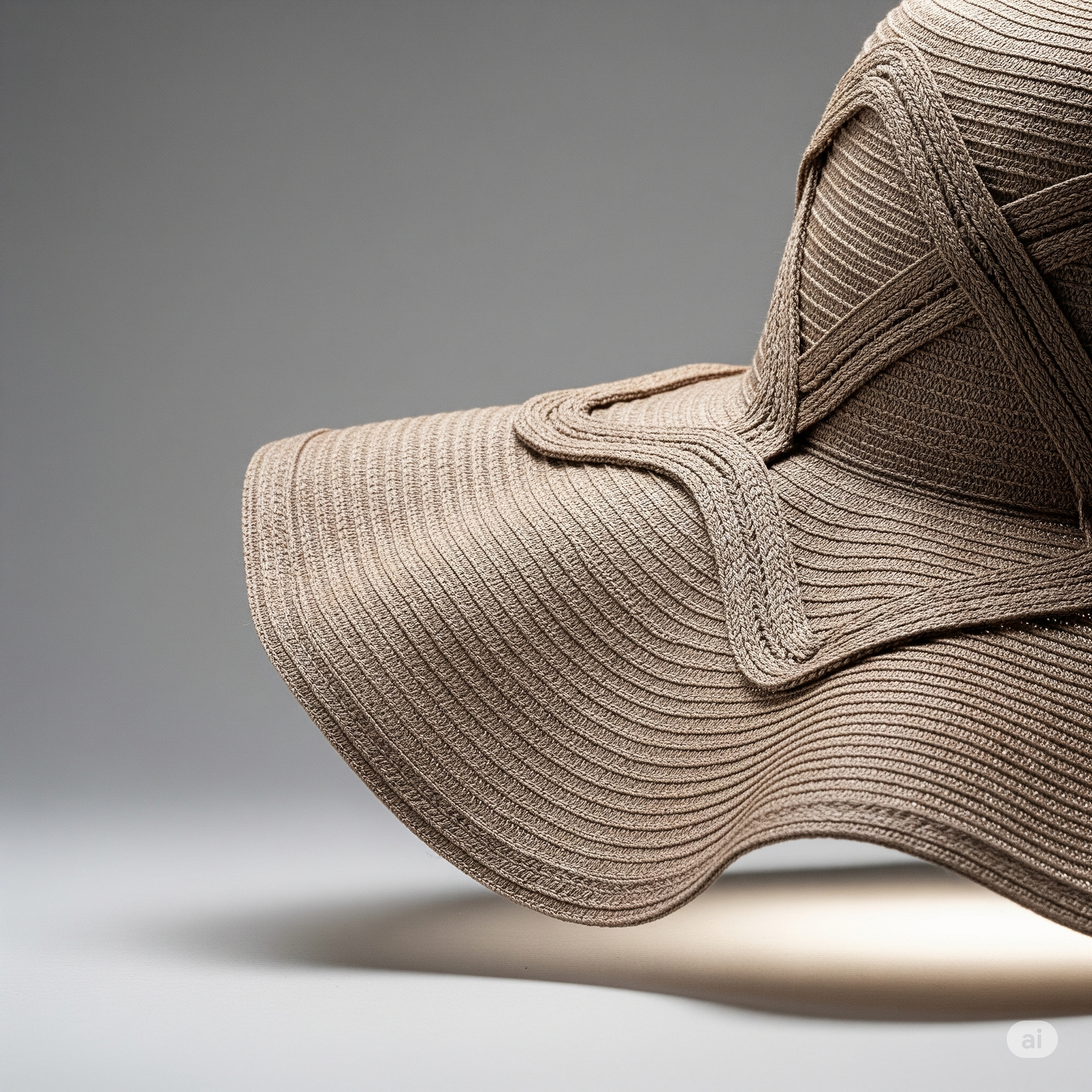 Detail shot of an architectural wide-brim hat showing unique structural elements and quality craftsmanship